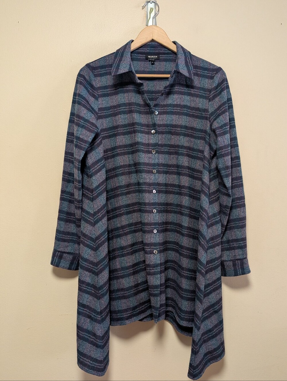 Worth New York 100% Wool Plaid Handkerchief Hem Tunic Shirt Medium